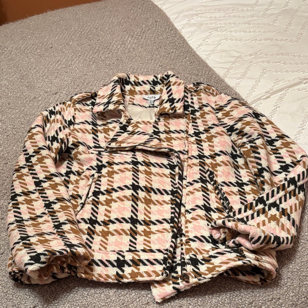 Fate Women's Pink and Brown Checkered Teddy Jacket